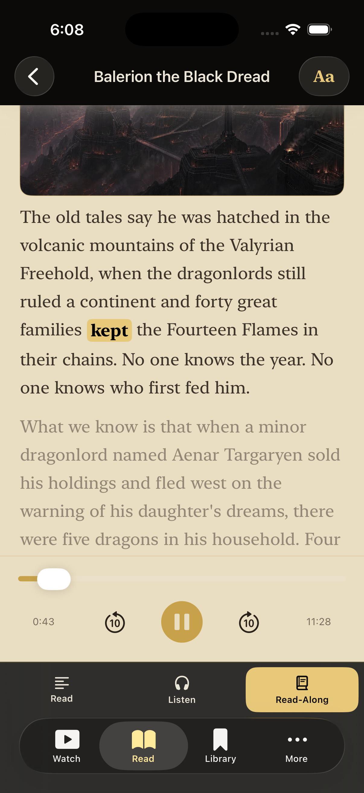 An illustrated Balerion story with narrated word highlighting in read-along mode