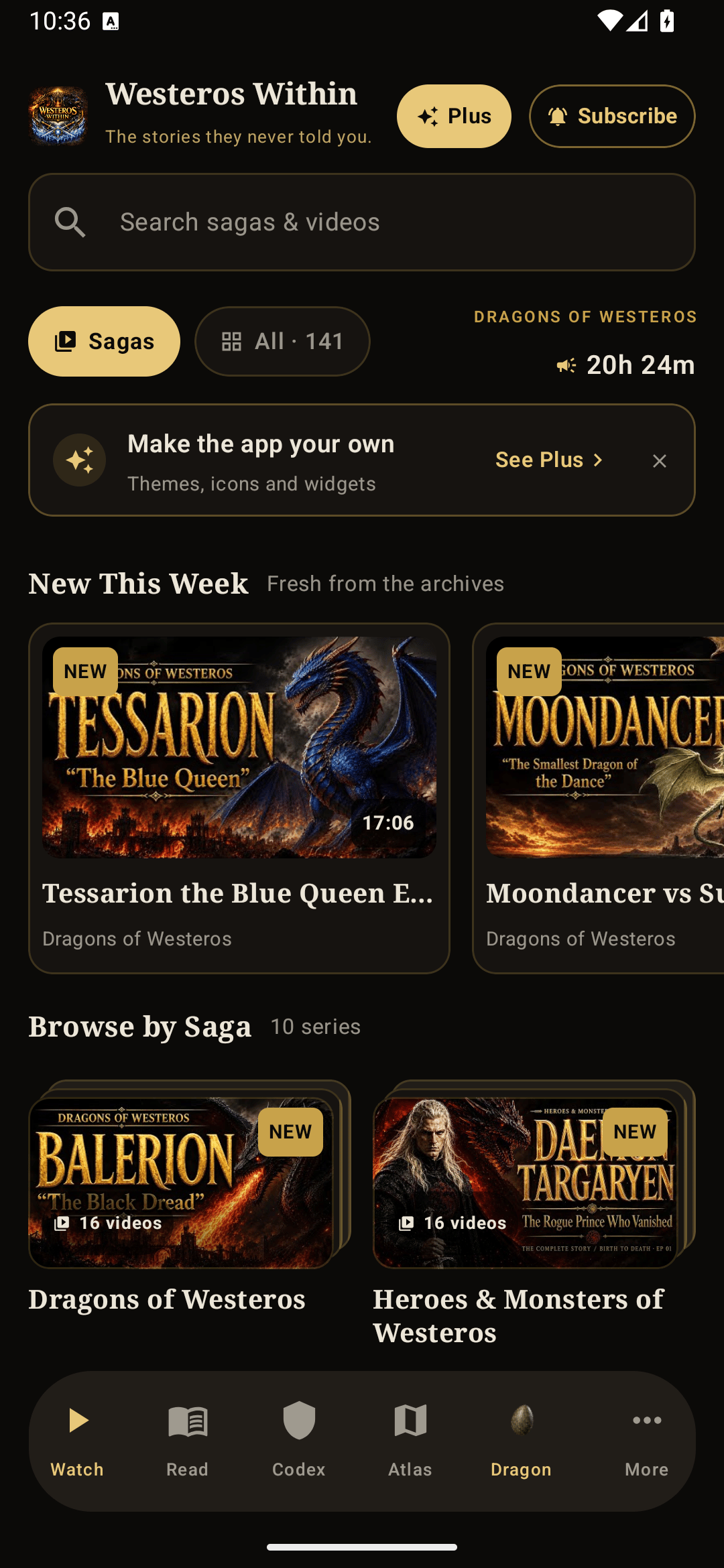 Westeros Within on Android showing documentaries organized by saga